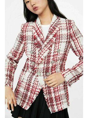 Zara Red  White Tweed Rhinestone Buttons Classic Blazer L